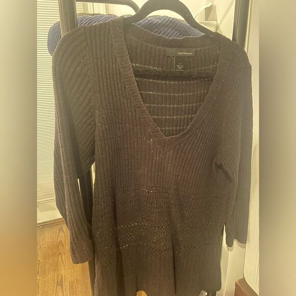 Calvin Klein Women's Tunic Sweater Brown Gold Metallic VNeck Long Sleeve Size XL - Picture 1 of 4